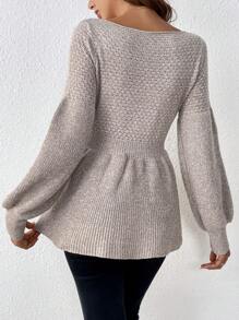 SHEIN Frenchy Lantern Sleeve Peplum Waist Sweater,Long Sleeve Tops In Fall/Winter - Khaki - View 2
