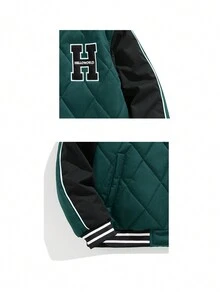 Men Letter Patched Striped Trim Quilted Coat - Army Green - View 4