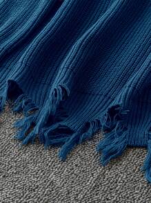 SHEIN LUNE 大碼落肩袖仿舊邊套頭毛衣 - 藍色 - 查看 5