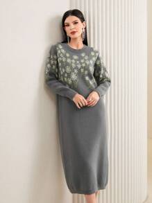 Seusyu Floral Pattern Sweater Dress - Grey - View 6