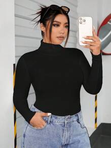 SHEIN EZwear Plus High Neck Ribbed Knit Sweater In Fall/Winter - Black - View 6