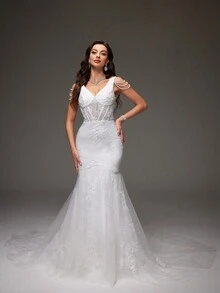 Vestido Formal De Cola De Sirena Con Encaje Y Espalda Baja - Blanco - Ver 7