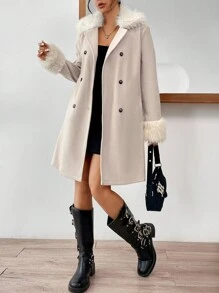 Muchica Áo khoác cổ lông thời trang mùa đông dành cho nữ - Màu be - Xem 3