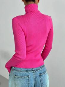 DAZY Turtleneck Ribbed Knit Sweater,Fall Women Clothes - Hot Pink - View 2