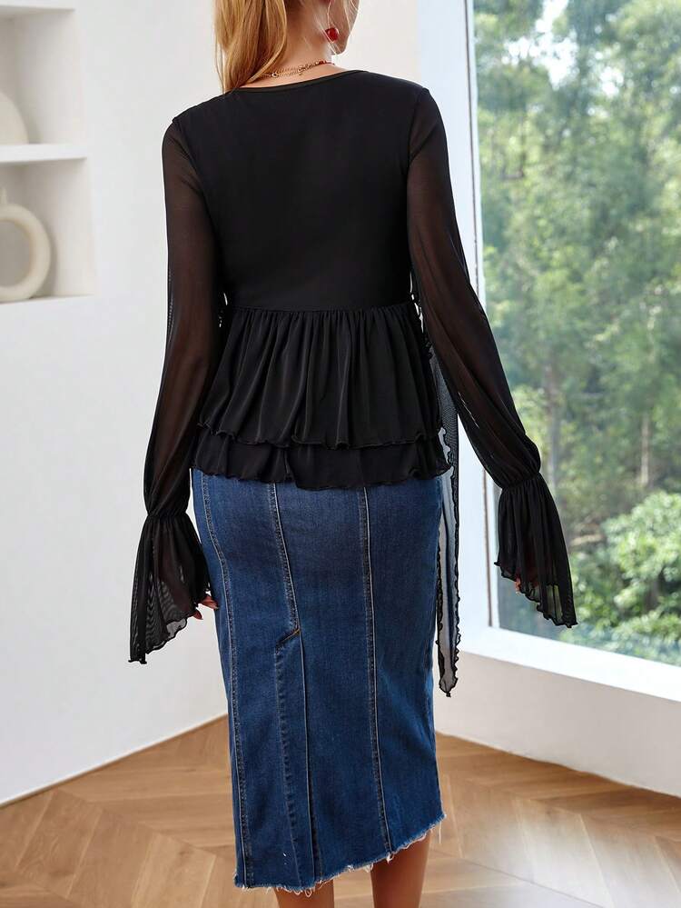 Tie Front Flare Sleeve Layered Ruffle Hem Mesh Top