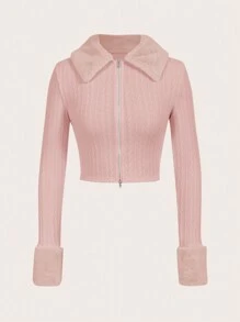 SHEIN EZwear 羊絨領口拉鏈開襟短夾克 - 粉色 - 查看 1