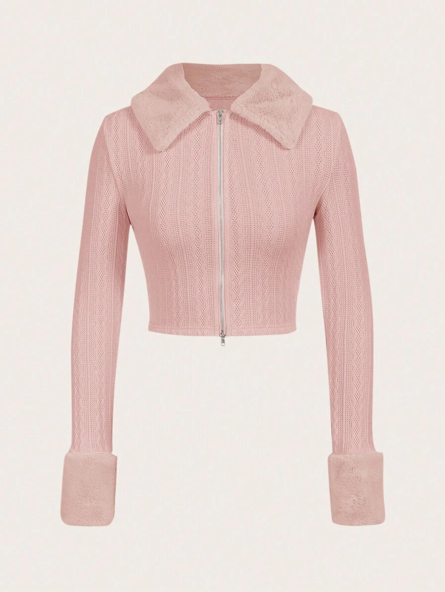 SHEIN EZwear 羊絨領口拉鏈開襟短夾克 - 粉色 - 查看 1