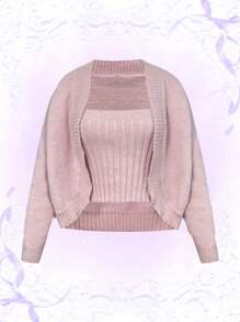 Flirla 大碼素色針織吊帶上衣&落肩袖開襟開衫 - 珊瑚粉 - 查看 1