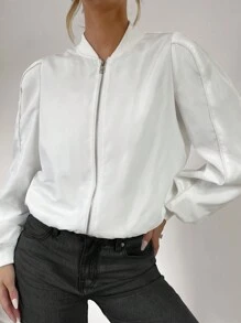 SHEIN Essnce Áo khoác bomber có khóa kéo chắc chắn - Màu be - Xem 5