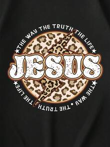 SHEIN EZwear 豹紋和標語圖案保暖套頭衫 - 黑色 - 查看 4