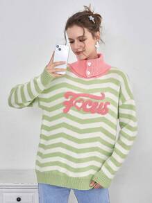 SHEIN EZwear Letter & Chevron Pattern Turtle Neck Drop Shoulder Sweater - Green - View 3