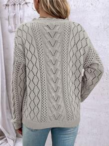 SHEIN LUNE Cắt vỏ sò Thả vai Dệt kim chấm bi Áo len - Xám - Xem 2