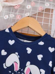 SHEIN Young Girl Rabbit & Heart Print Tee & Pants Snug Fit PJ Set - Royal Blue - View 5