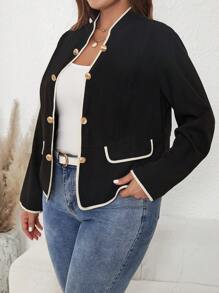 SHEIN Clasi 加大號對比色邊綁扣前外套 - 黑色 - 查看 3