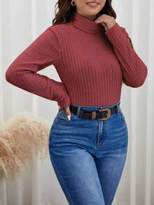 SHEIN Frenchy 大碼高領條紋針織T恤 - 紅色 - 查看 3