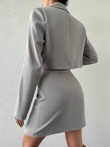 EURMUSE Lapel Neck Crop Blazer & Flap Detail Button Front Skirt - Grey - View 3