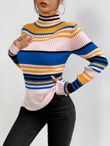 SHEIN Essnce 條紋圖案高領條紋針織套頭毛衣 - 彩色 - 查看 4