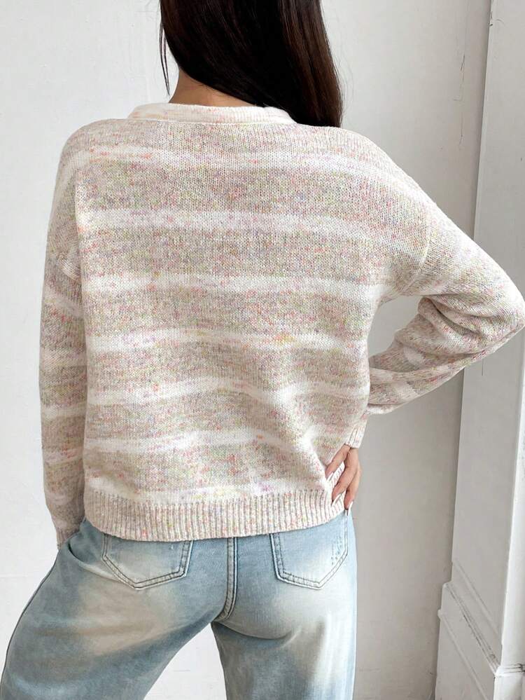Space Dye Lace Up Front Dual Pocket Drop Shoulder Knit Pullover Fall Winter Sweater
