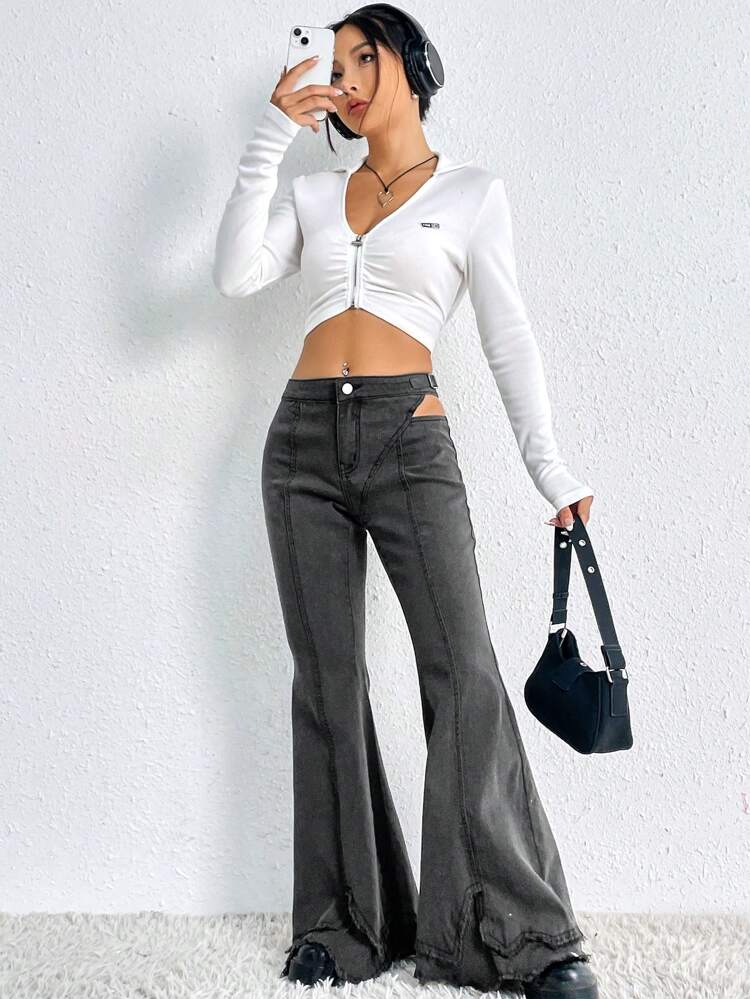 Cut Out Waist Flare Leg Jeans