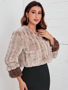 SHEINNeu Snap Button Front Fuzzy Coat - Khaki - View 3