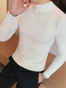 Men Mock Neck Ribbed Knit Sweater - White - View 5