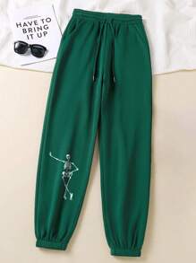 SHEIN EZwear In Đầu lâu Eo dây rút Quần thể thao - Màu xanh lá cây đậm - Xem 1