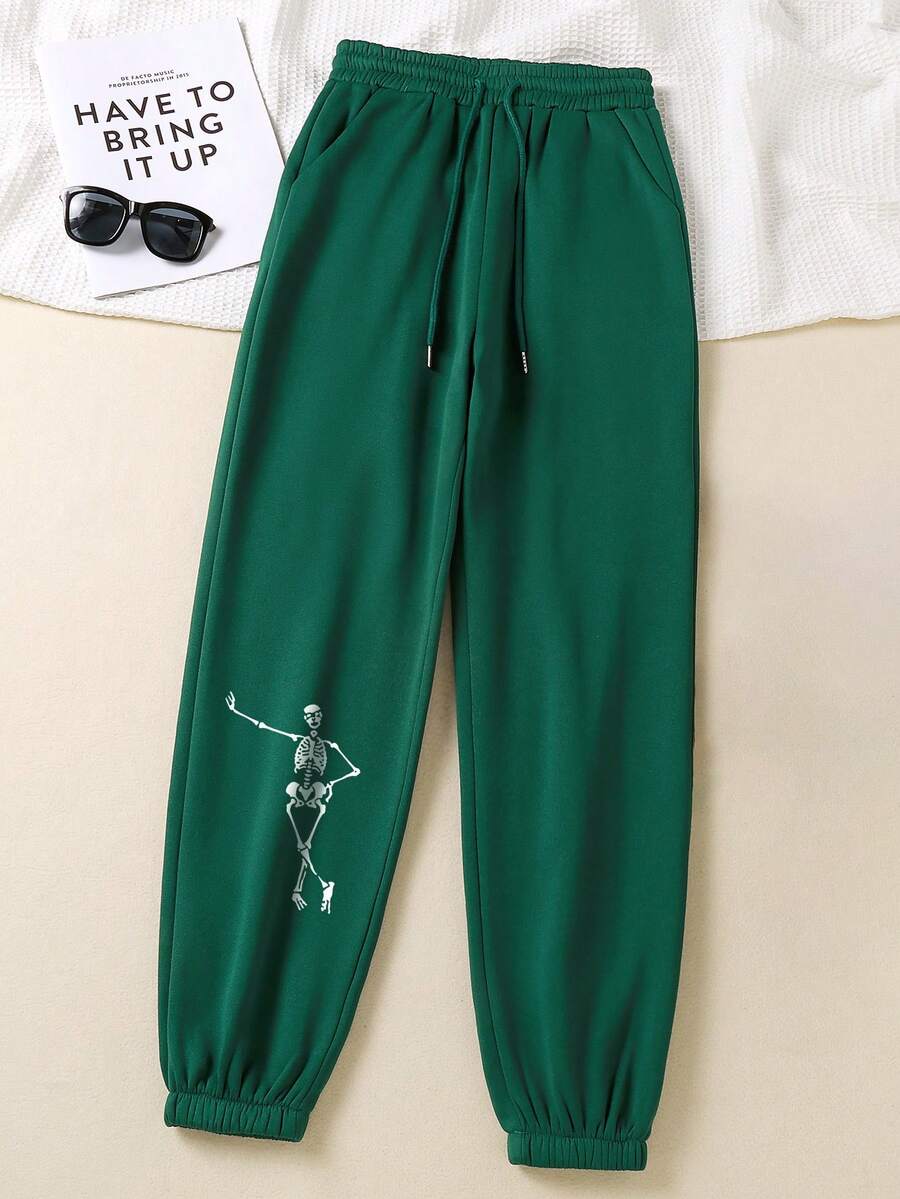 SHEIN EZwear In Đầu lâu Eo dây rút Quần thể thao - Màu xanh lá cây đậm - Xem 1