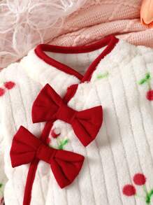 SHEIN Baby Girl Cherry Print Bow Front Contrast Binding Bodysuit - White - View 3