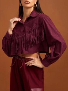 SHEIN Tall Fringe Trim Crop Jacket - Burgundy - View 1