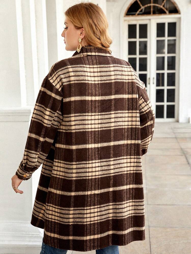 Plus Plaid Print Drop Shoulder Overcoat