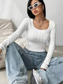 SHEIN Unity Women's Casual Daily Commute Simple Solid Color Crew Neck Cable Knit Wide Hem Crop Sweater, Autumn/Winter - White - View 4