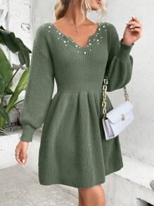 SHEIN Clasi Pearls Beaded Notched Neckline Lantern Sleeve Ribbed Knit Sweater Dress - Green - View 4
