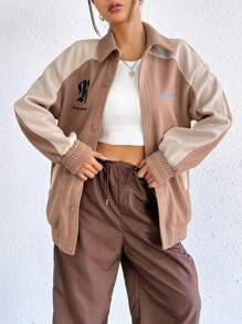 SHEIN EZwear 字母圖案插肩袖夾克 - 咖啡棕 - 查看 5