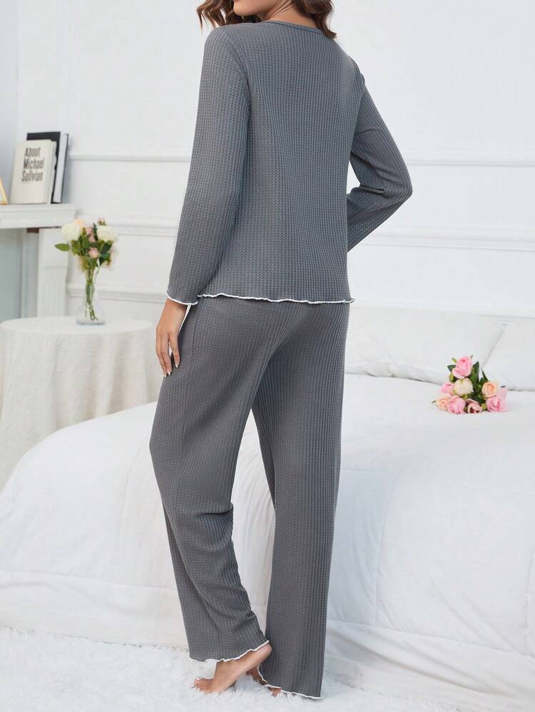 SHEIN Maternity Lettuce Trim Lounge Set - Grey - View 2