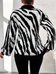 EURMUSE Zebra Striped Pattern Drop Shoulder Sweater - Black and White - View 2