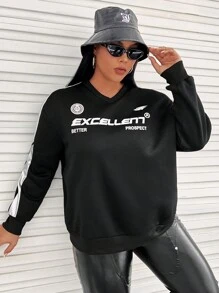 SHEIN EZwear 大碼字母圖案拼接側邊接縫落肩袖運動衫 - 黑色 - 查看 3