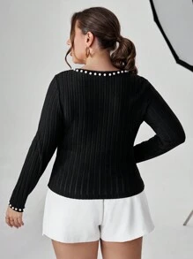 SHEIN Privé Hơn Ngọc trai đính cườm Scoop Cổ Áo thun - màu đen - Xem 2