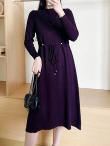 Solid Mock Neck Drawstring Waist Sweater Dress - Purple - View 5