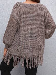 SHEIN CURVE+ 大碼段染流蘇下擺落肩袖套頭毛衣 - 彩色 - 查看 2