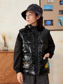 SHEIN Tween Boy 字母图案翻盖口袋背心夹棉外套 - 黑色 - 查看 6