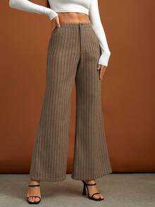 SHEIN Tall High Waist Striped Flare Leg Pants - Khaki - View 7