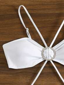 SHEIN Swim Women's Rhinestone Decorated Circular Design Hollow Out One-Piece Swimsuit, For Summer Beach Vacation - White - View 5