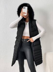 SHEIN Frenchy 毛茸邊連帽羽絨背心大衣 - 黑色 - 查看 3