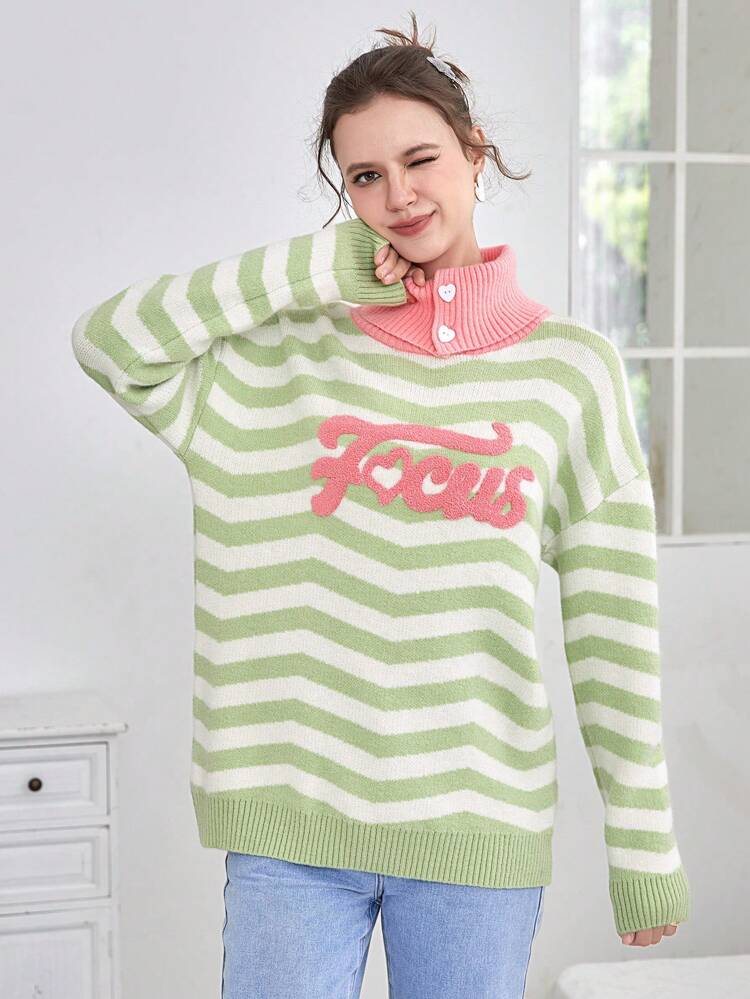 Letter & Chevron Pattern Turtle Neck Drop Shoulder Sweater