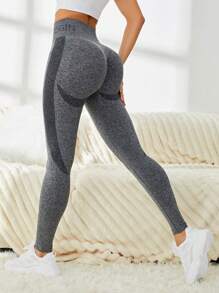 寬腰帶運動打底褲 - 灰色 - 查看 1