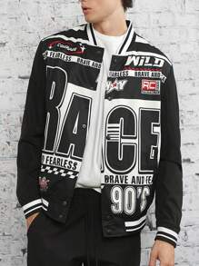 Manfinity VCAY Loose Men Letter Graphic Striped Trim Jacket, For Fall Winter - Multicolor - View 4