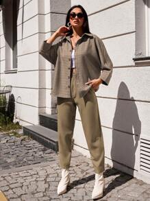 EURMUSE Plaid Print Drop Shoulder Shirt & Pants - Camel - View 1