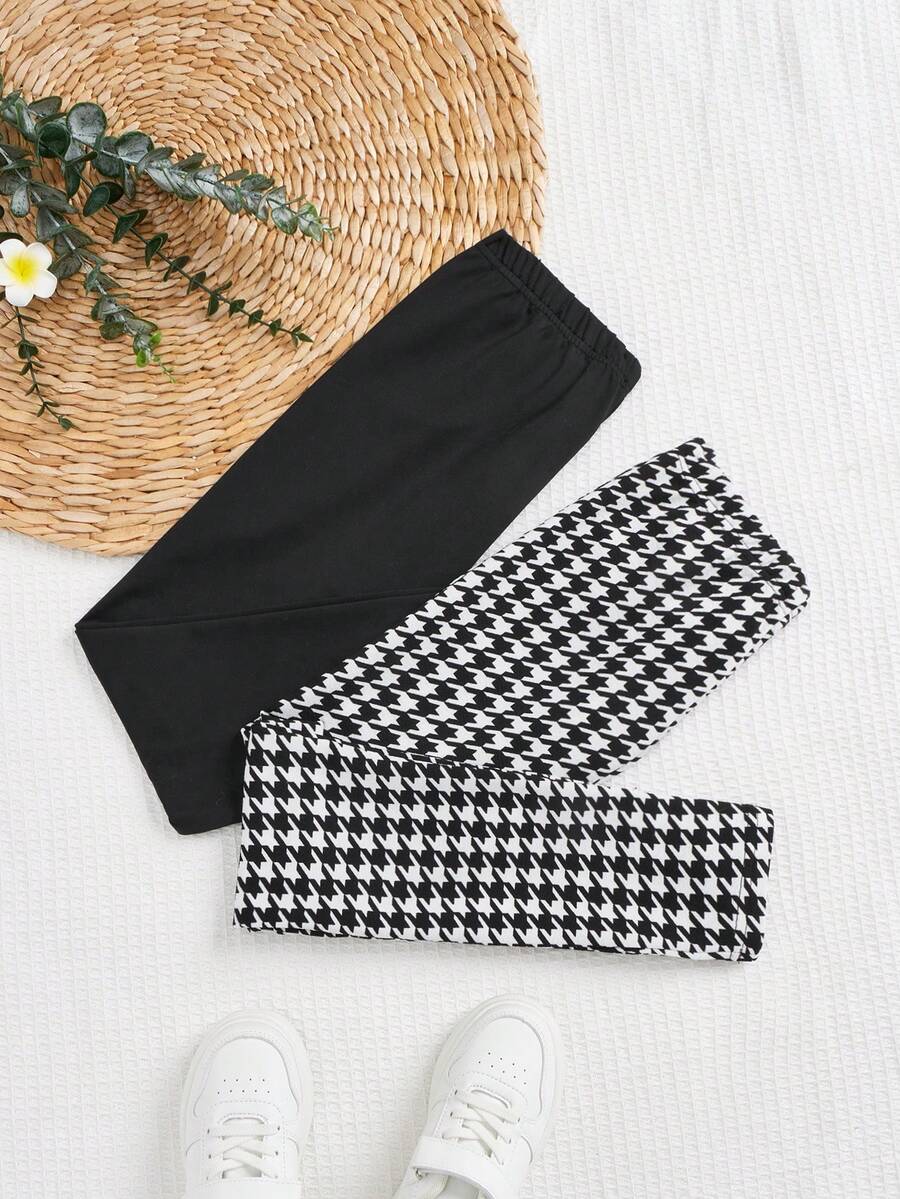女大童2入組千鳥格印花緊身打底褲 - 黑與白 - 查看 1
