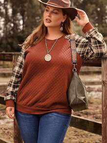 EMERY ROSE 大碼格紋插肩袖運動衫 - 紅木色 - 查看 1