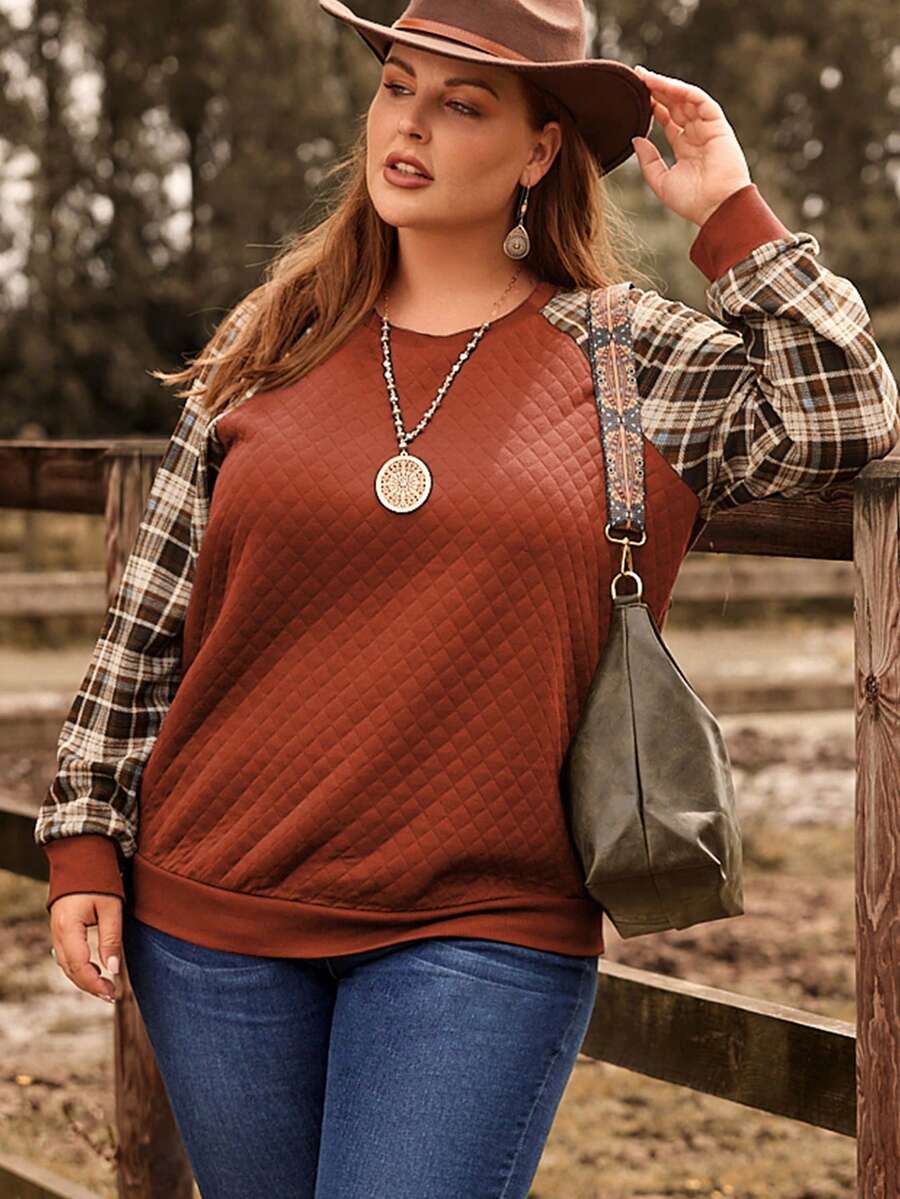 EMERY ROSE 大碼格紋插肩袖運動衫 - 紅木色 - 查看 1